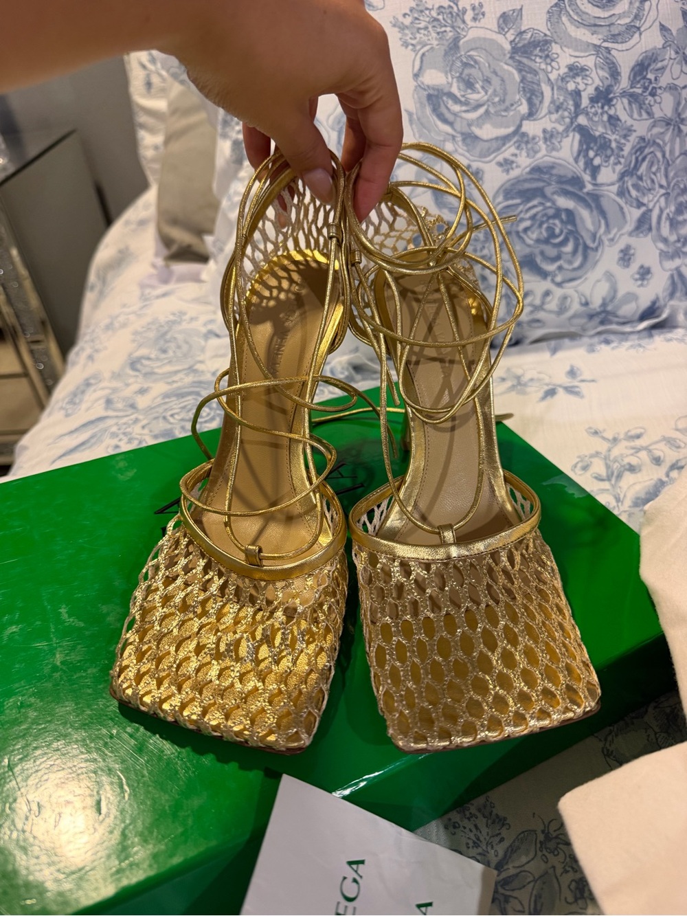 Bottega Veneta Gold Metallic Lace-Up Mesh Square-Toe Heels